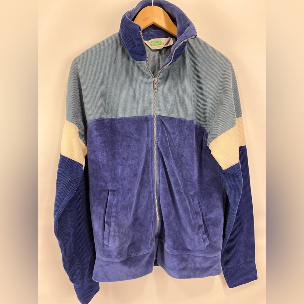 Vintage 1970s Court Casuals Full Zip Blue Beige Tracksuit Jacket USA Sz L